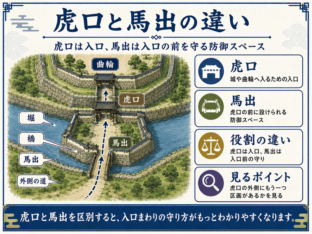 城外から堀と橋を渡り 馬出を通って虎口から曲輪へ入る配置を示し 虎口は入口 馬出は入口前の防御スペースであることを整理した図解