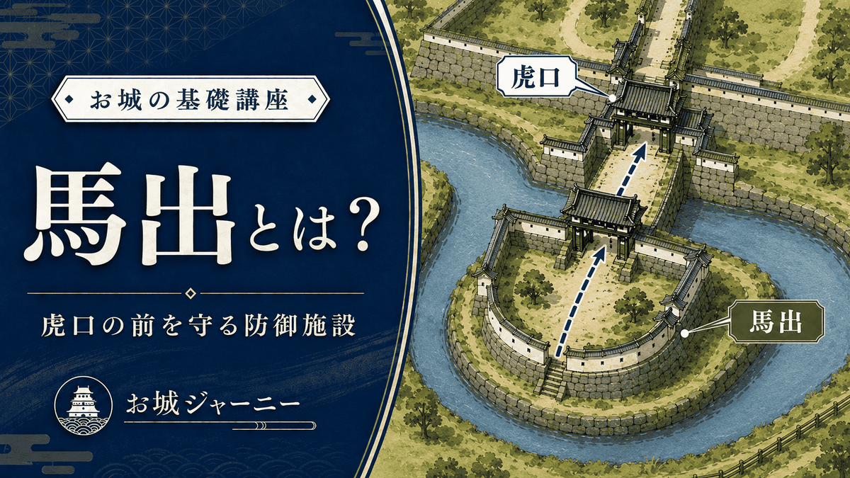 虎口の前に設けられた馬出を俯瞰で描いたイラスト 馬出の役割や見どころを紹介するアイキャッチ