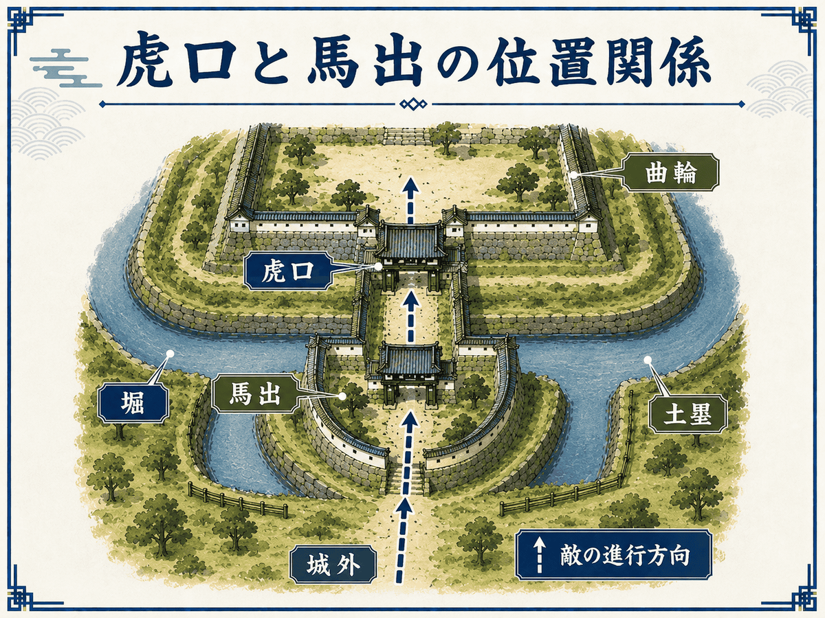 馬出と虎口と曲輪の位置関係を上から見た図 馬出は虎口の前に設けられる