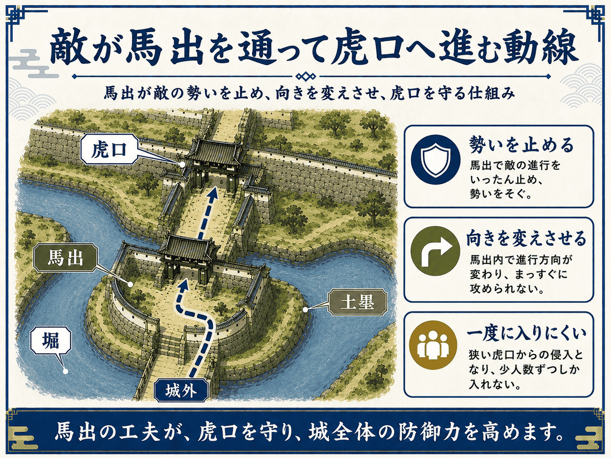 敵が馬出に入り方向を変えて虎口へ進む動線図 馬出が敵の勢いを止める仕組み