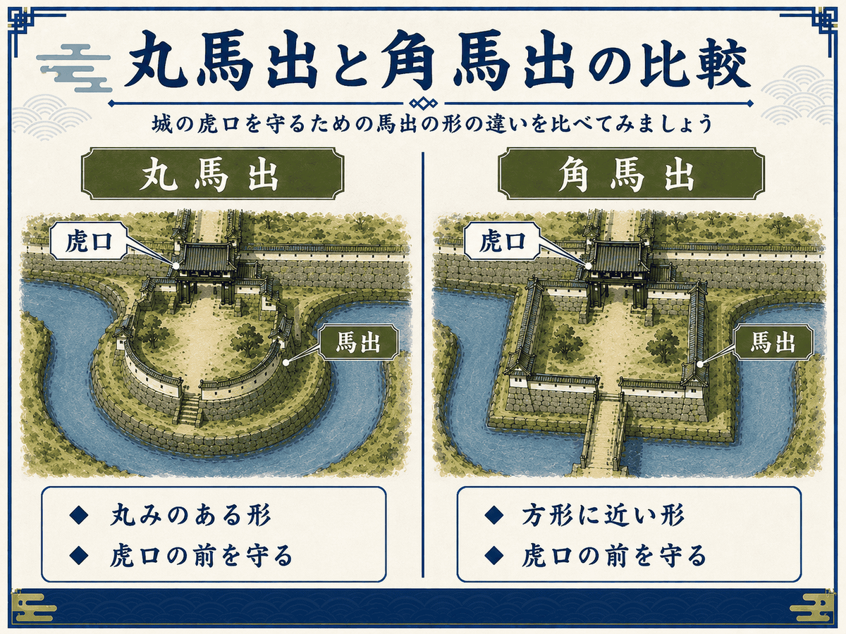 丸馬出と角馬出の形や特徴を比較した図 丸馬出は曲線を持ち角馬出は方形に近い