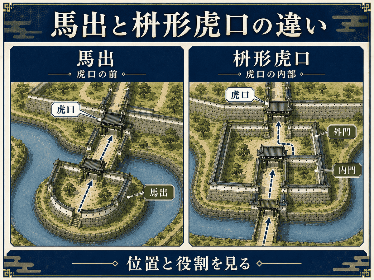 馬出と枡形虎口の位置の違いを比較した図 馬出は虎口の前で枡形虎口は虎口内部にある