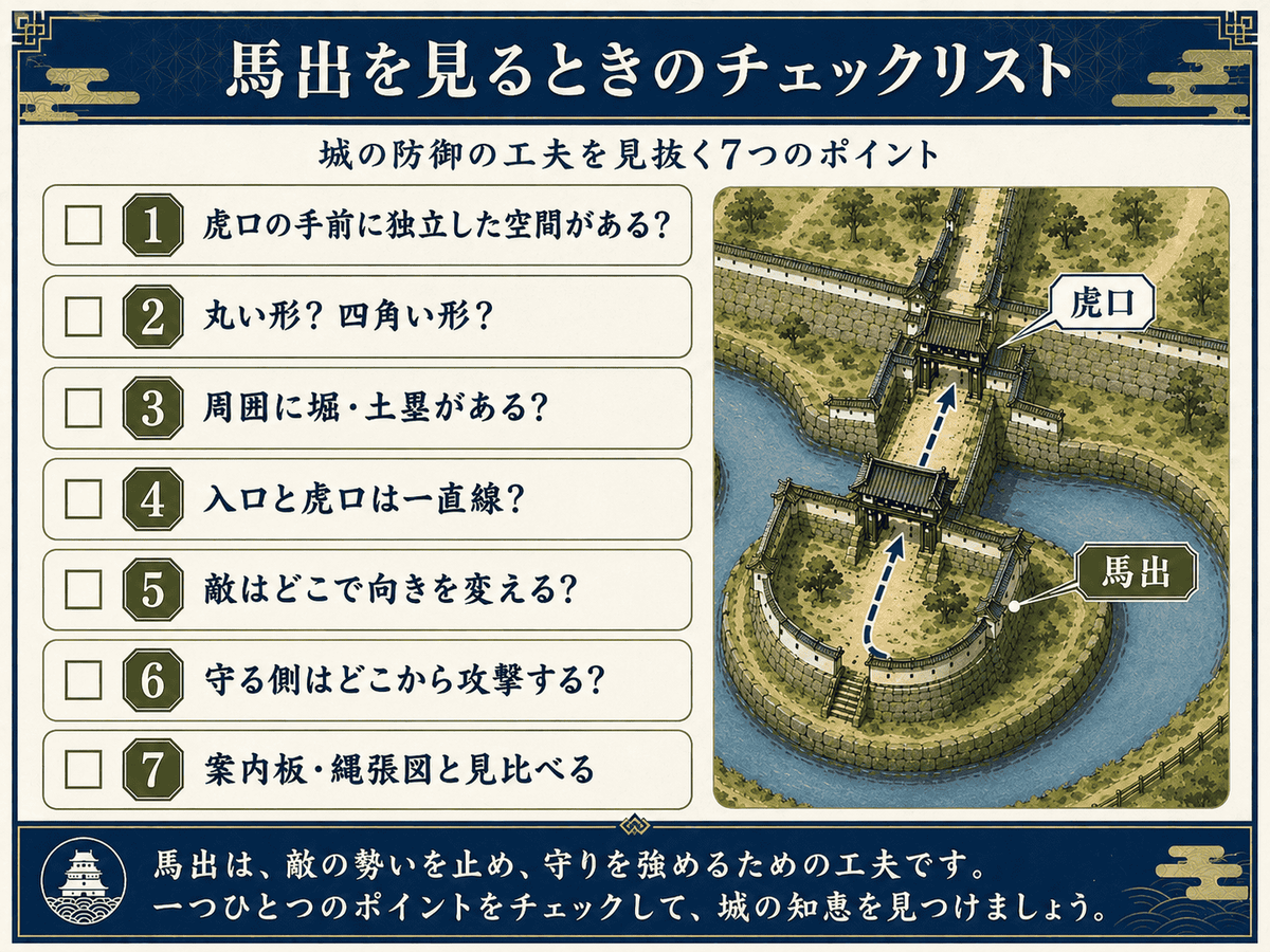 城跡で馬出を見るときのチェックリスト 虎口との位置関係や堀と土塁や敵の動線を確認する
