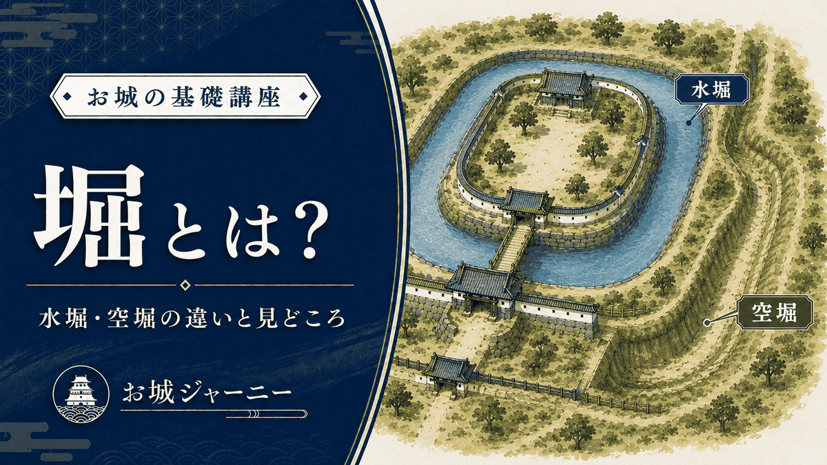 堀とは？水堀・空堀の違いとお城での見どころをわかりやすく解説する基礎講座のアイキャッチ 水堀と空堀を備えた城の構造イラストを用いて 堀の役割や違いを紹介している