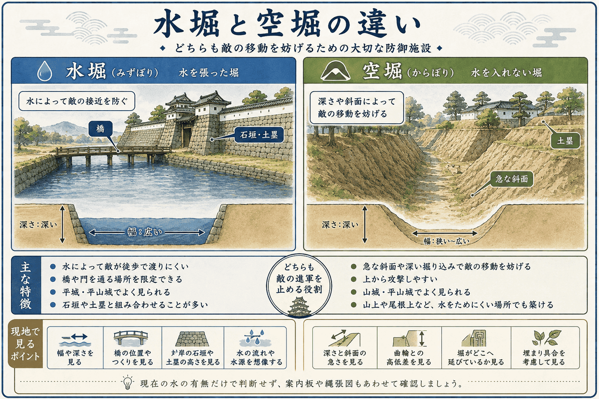 水堀と空堀の違いを比較した図 水堀は水で敵の接近を防ぎ 空堀は深い掘り込みと急斜面で敵の移動を妨げることを示している