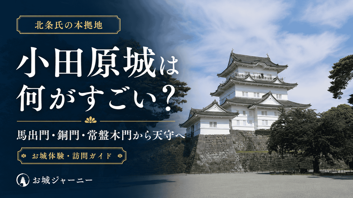 小田原城天守の現地写真を背景に見どころを紹介する記事のアイキャッチ