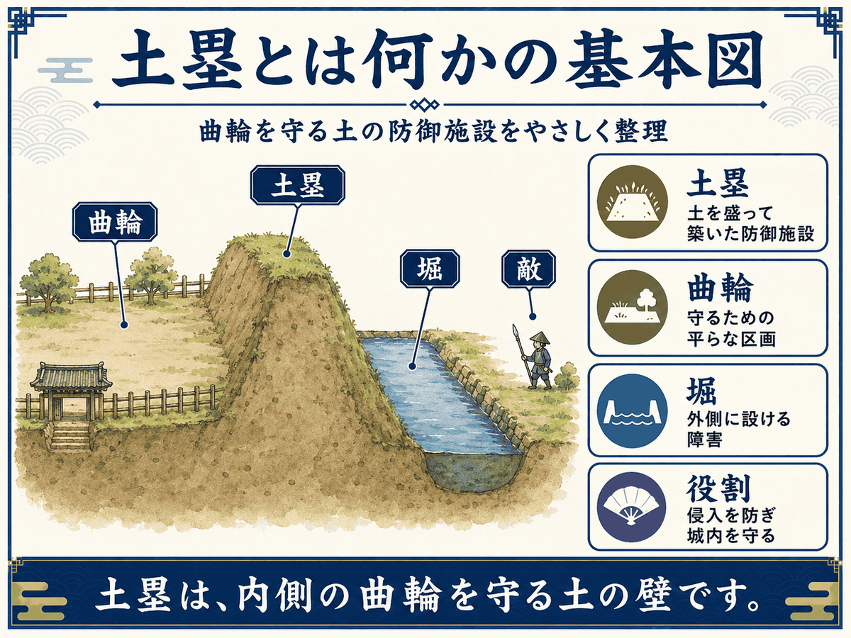 曲輪の外側に土塁と堀を設けた基本構造を横から見た図解