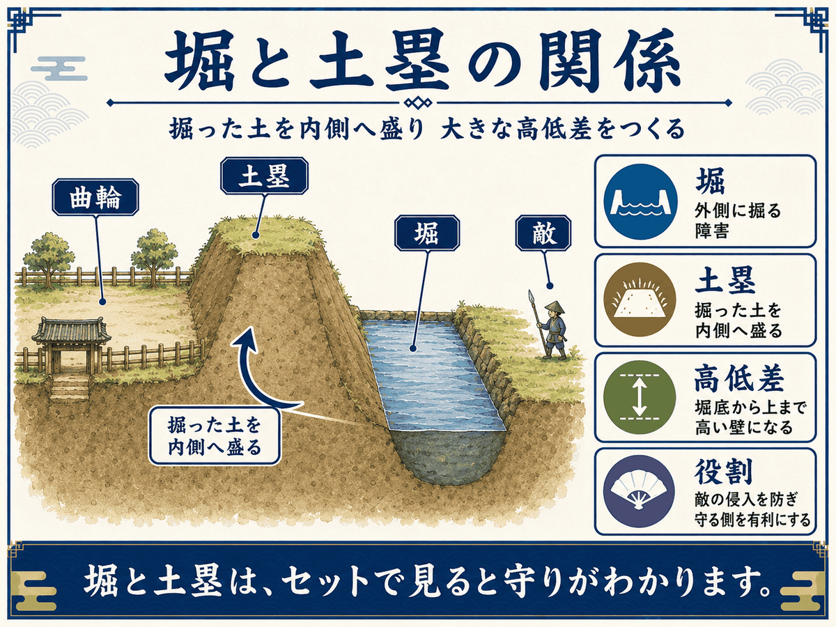 堀を掘った土を内側へ盛り、堀底から土塁上まで大きな高低差をつくる仕組みの断面図