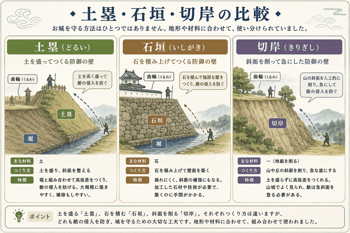 土を盛る土塁、石を積む石垣、斜面を削る切岸の違いを比較した図解