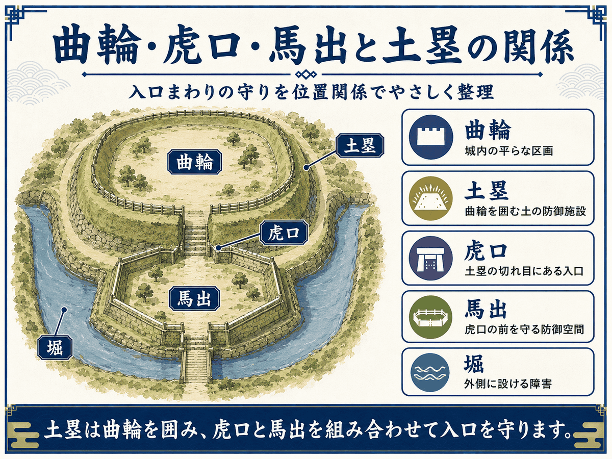 曲輪を囲む土塁と外側の堀、土塁の切れ目にある虎口、虎口前の馬出の位置関係を示す図解