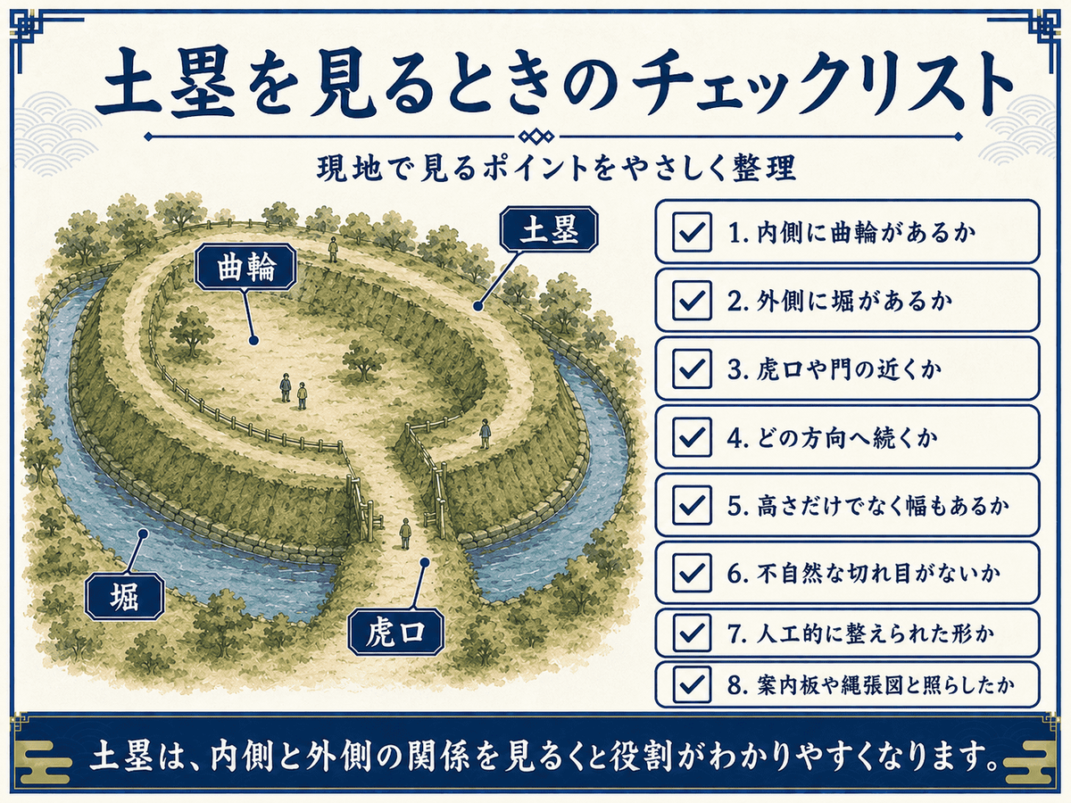 土塁を見るときに内側の曲輪、外側の堀、虎口との位置、続く方向を確認するチェックリスト