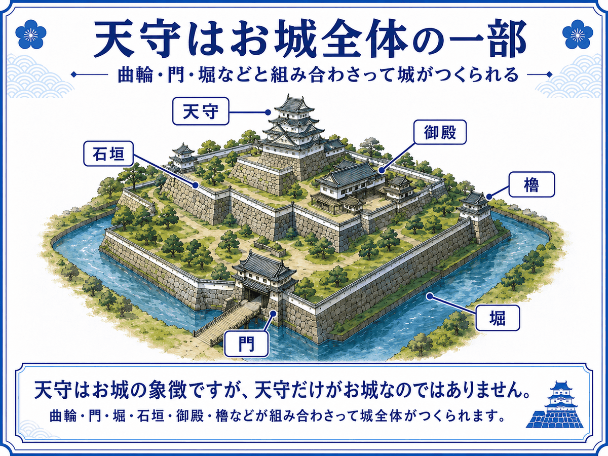 天守・御殿・櫓・門・石垣・堀の位置を示し、天守がお城全体の一部であることを解説する図