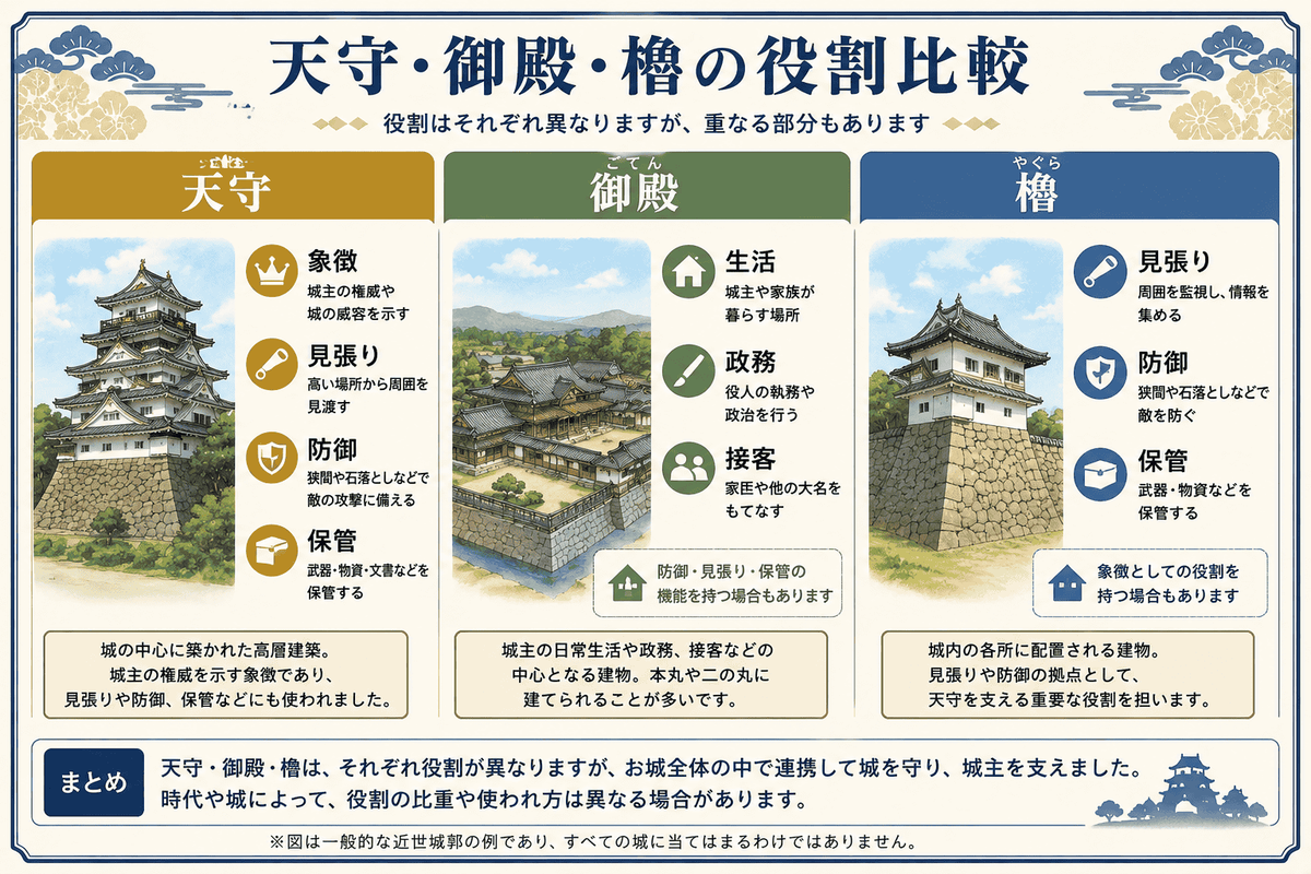 天守・御殿・櫓・門・石垣・堀の位置を示し、天守がお城全体の一部であることを解説する図天守・御殿・櫓の役割を、象徴・見張り・防御・保管・生活・政務・接客で比較した図