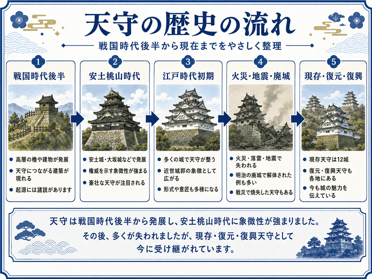 戦国時代後半から安土桃山時代・江戸時代初期を経て、現存・復元・復興天守へ受け継がれた天守の歴史を示す年表