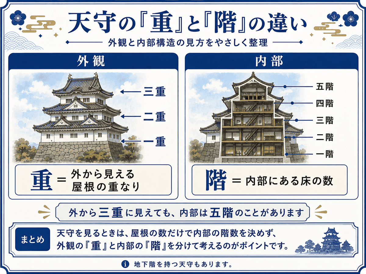 天守の外観で数える「重」と、内部の床を数える「階」の違いを三重五階の模式図で解説