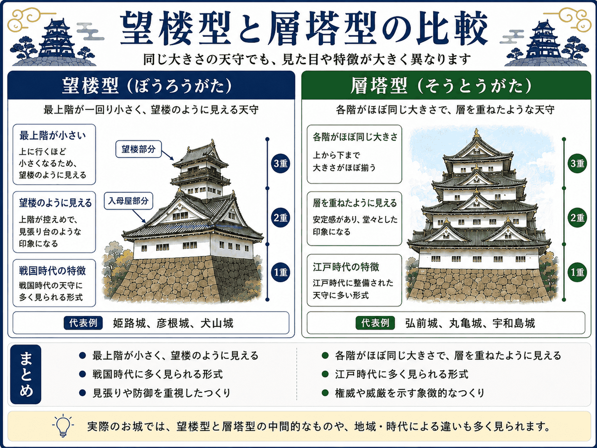 望楼部分を載せたような望楼型天守と、屋根を規則的に重ねる層塔型天守の違いを比較した図
