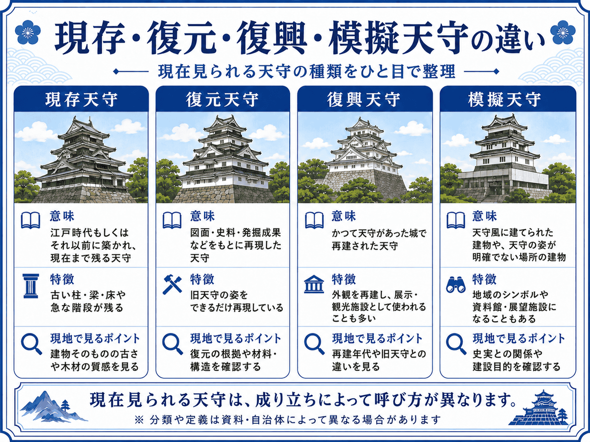 現存天守・復元天守・復興天守・模擬天守の意味と特徴、現地で見るポイントを比較した図