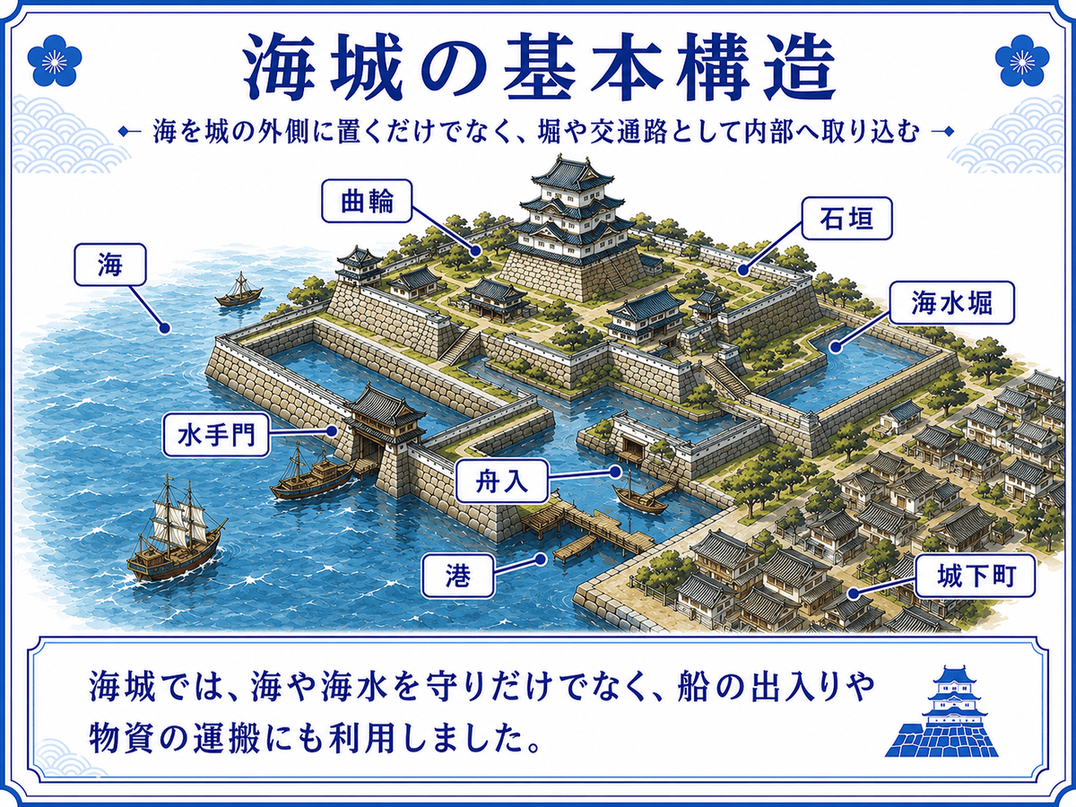 海・海水堀・曲輪・石垣・舟入・水手門・港・城下町の関係を示した海城の基本構造図