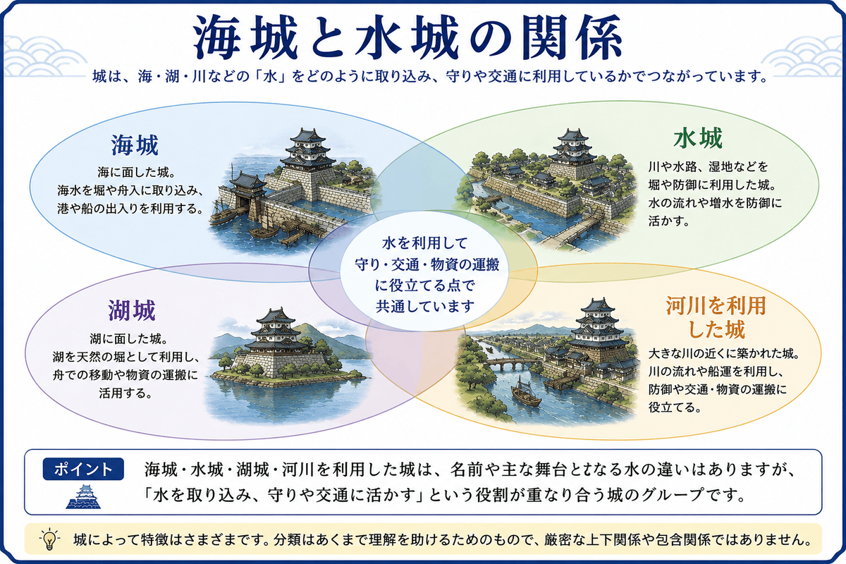 海城・水城・湖城・河川を利用した城の特徴と意味の重なりを示した関係図