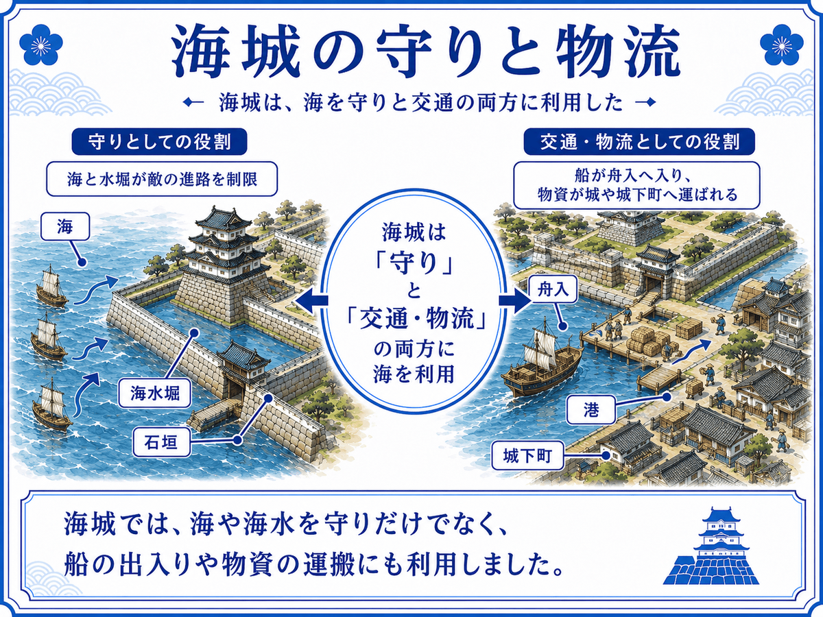 海と海水堀が敵の進路を制限する守りの役割と、舟入から船が入り港や城下町へ物資が運ばれる物流の役割を示した海城の図解