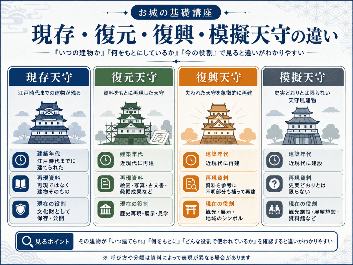 現存天守・復元天守・復興天守・模擬天守の違いを比較した図解 建築年代・再現資料・現在の役割の3つの観点から4分類を整理している