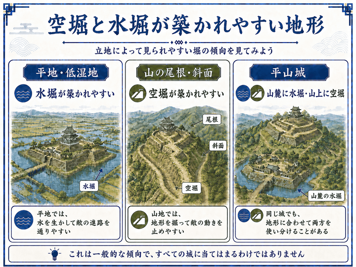 平地では水堀、山地では空堀、平山城では両方を使う一般的な傾向を示した図解