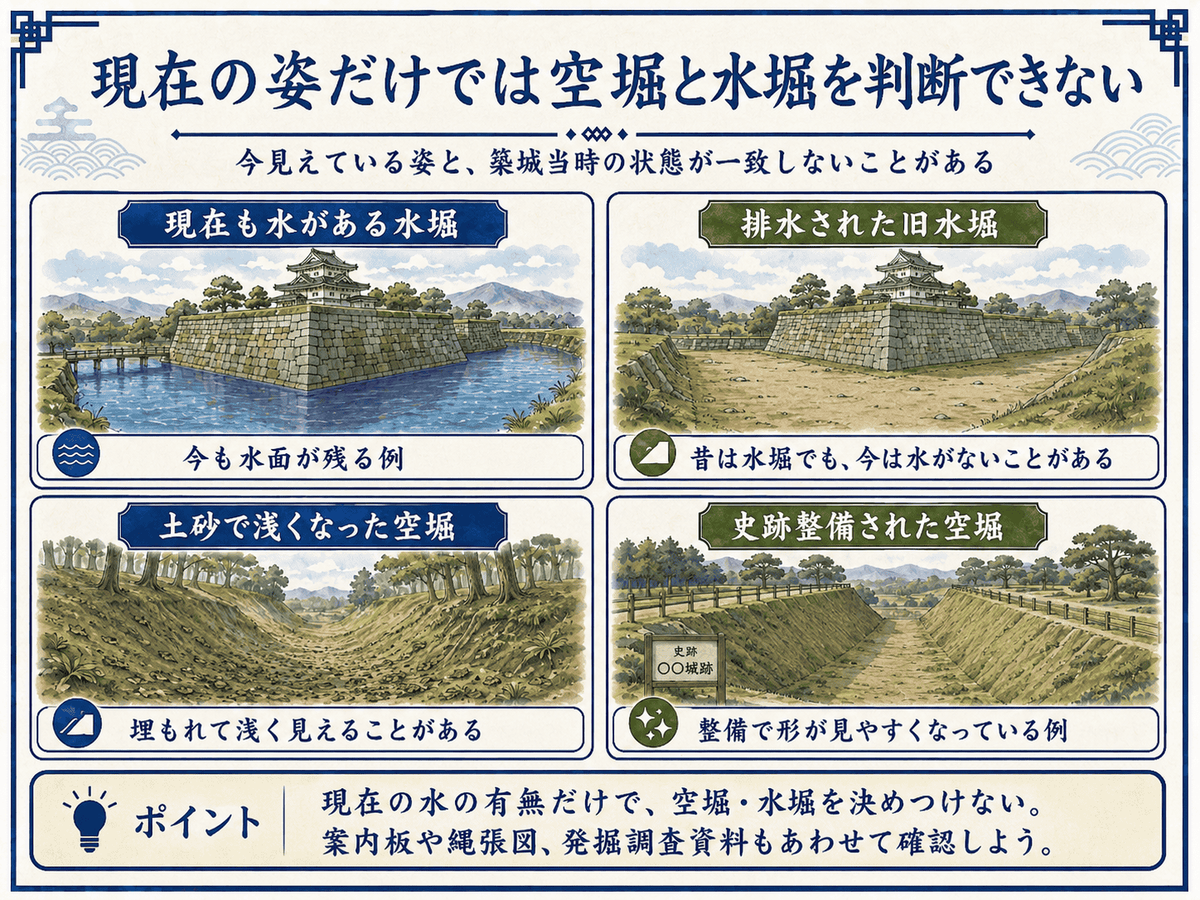 現在も水がある水堀、排水された旧水堀、土砂で浅くなった空堀、整備された空堀を比較した図解