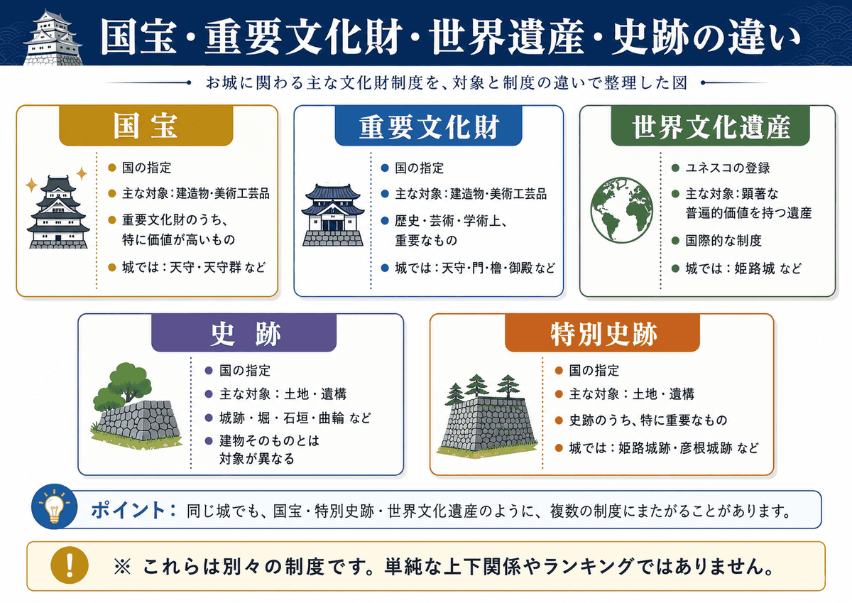 国宝と重要文化財、世界遺産、史跡の違いを整理した図