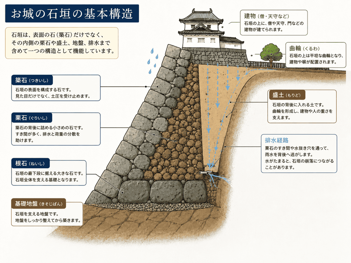 築石・栗石・盛土・根石からなるお城の石垣の基本構造