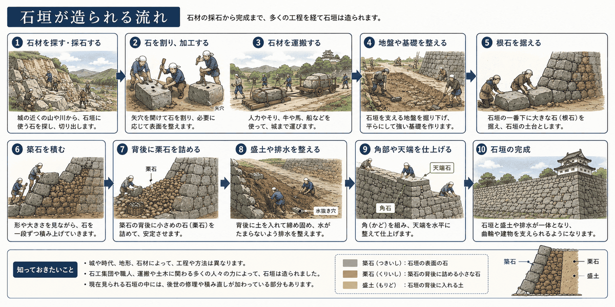 石材の採石から築石・栗石・盛土を組み合わせて石垣を造る流れ