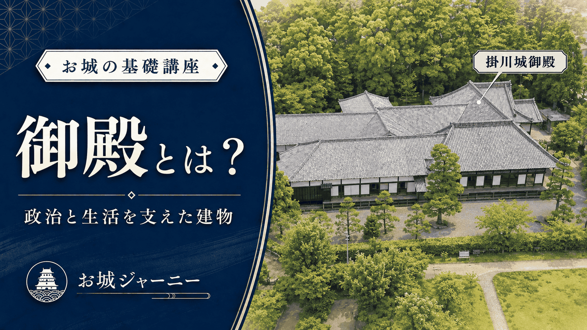 掛川城御殿の全景とともに、お城で政治と生活を支えた御殿の役割を紹介する記事のアイキャッチ