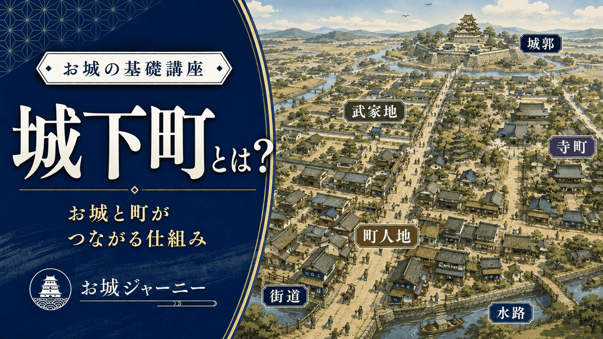 城を中心に武家地・町人地・寺町・街道・水路が広がる城下町の仕組みを描いたイラスト