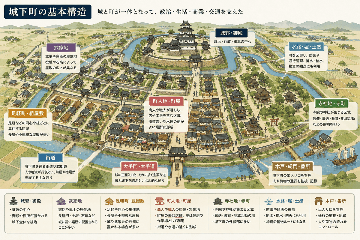 城を中心に武家地・町人地・寺社地・街道を配置した城下町の基本構造