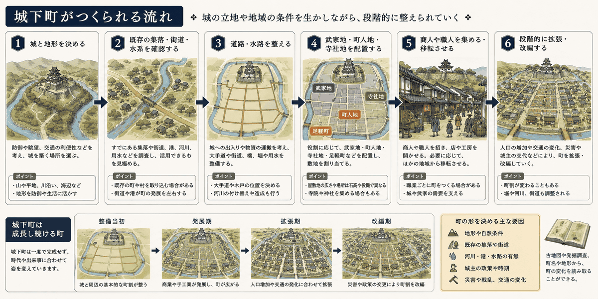 城を中心に道路・水路・武家地・町人地・寺社地を整備する城下町づくりの流れ