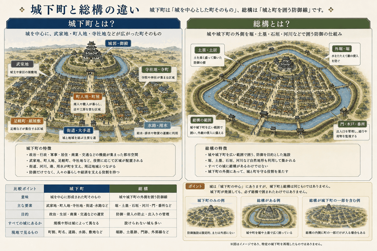 城下町の区域と城・町を囲う総構の違いを示す図