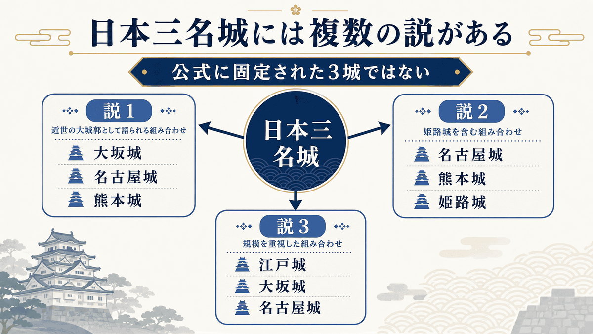 大阪城・名古屋城・熊本城など日本三名城に複数の組み合わせがあることを示す図