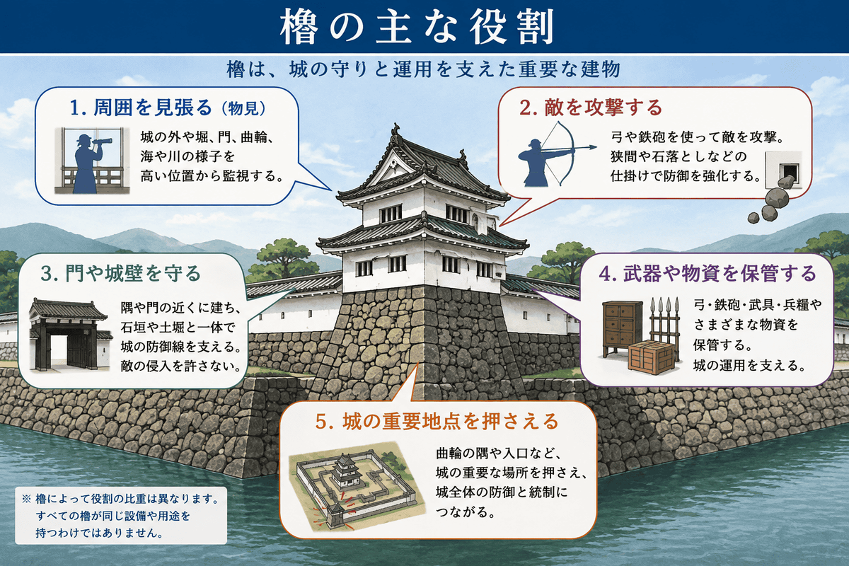 物見・攻撃・防御・保管などお城の櫓が担った主な役割