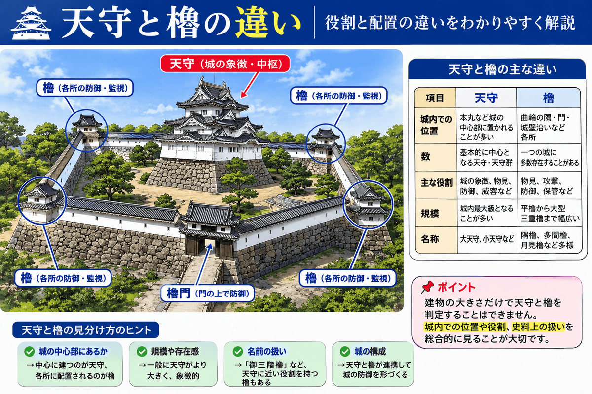 城の中心に建つ天守と曲輪や門の各所に配置される櫓の違い