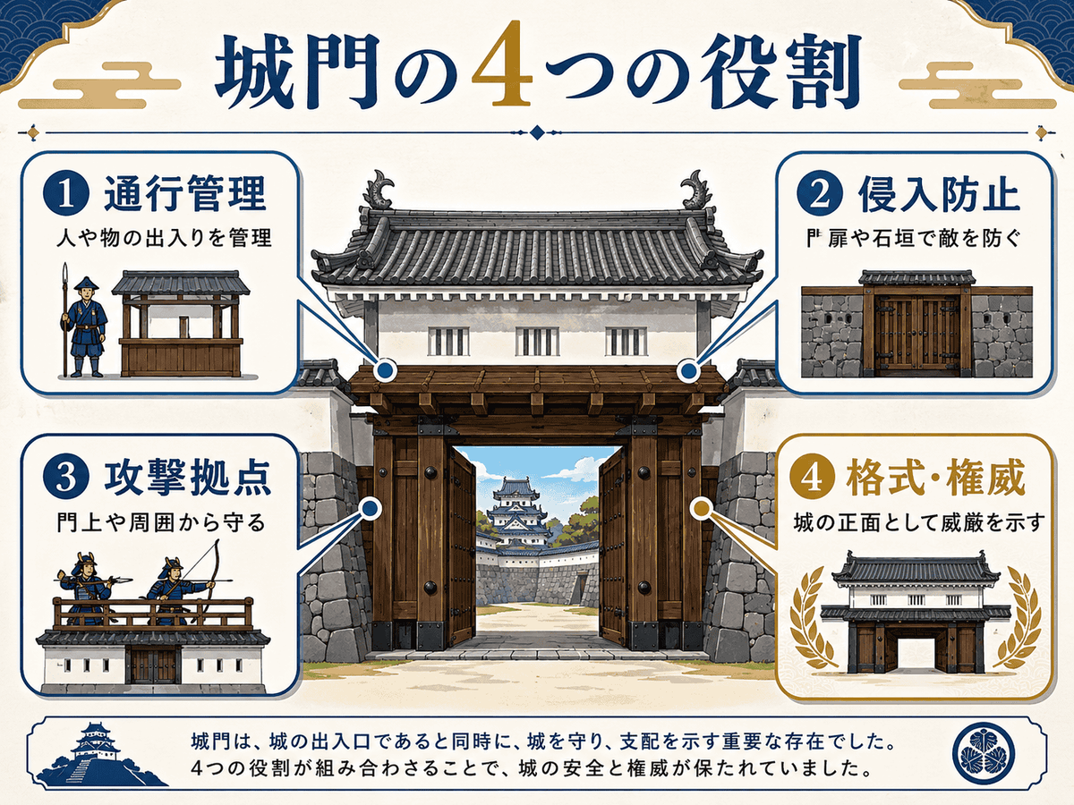 通行管理・防御・攻撃・格式を示す城門の4つの役割