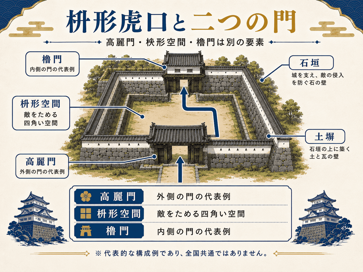 高麗門と櫓門を枡形空間で組み合わせた近世城郭の入口構造