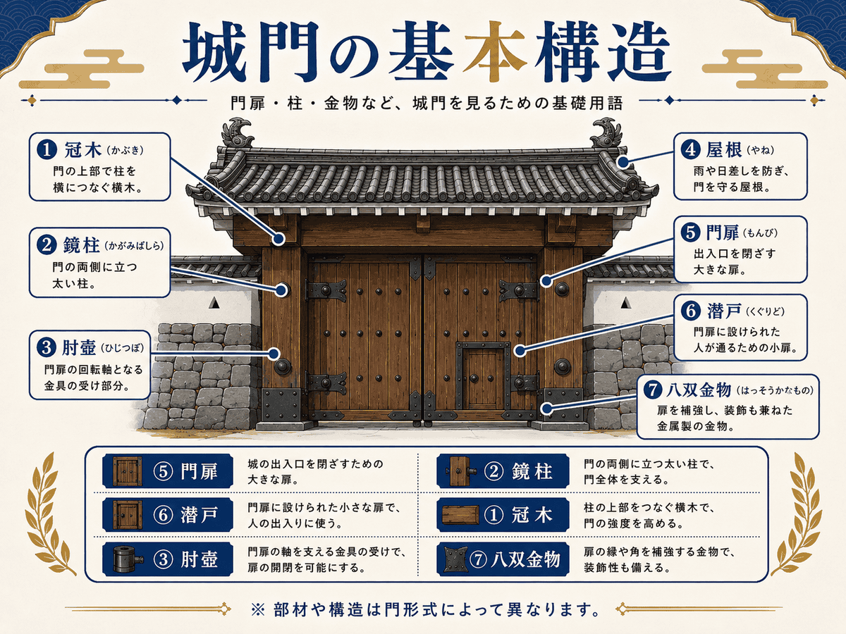 門扉・柱・冠木・潜戸・肘壺など城門の基本構造