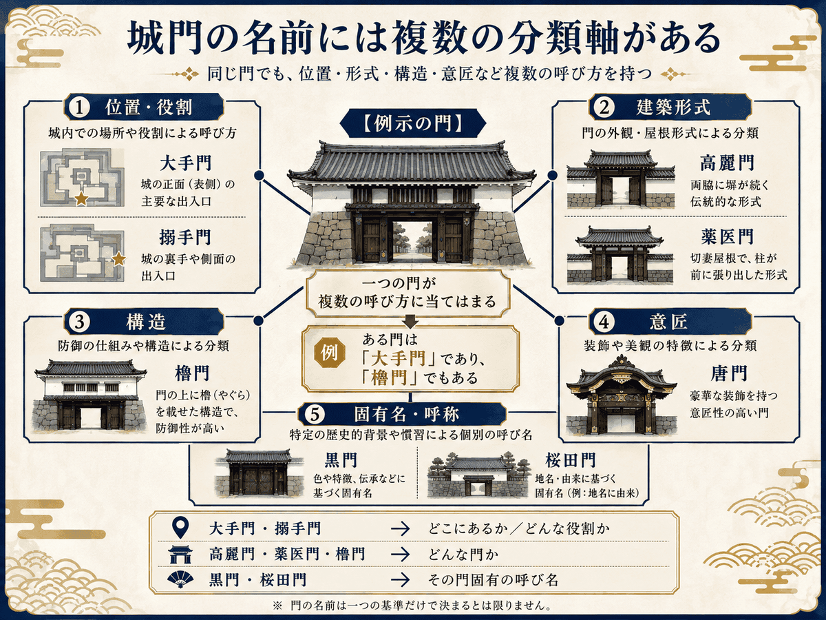 大手門・高麗門・櫓門など城門の名前が異なる分類軸を持つことを示す図