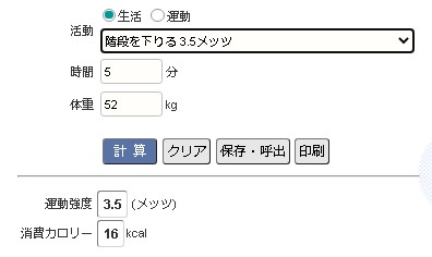  階段下り5分間の消費カロリー