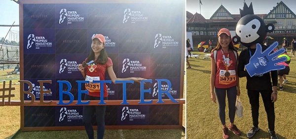 ムンバイマラソンゴール後の写真撮影コーナーにて