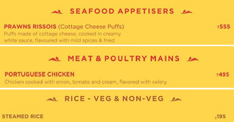 ムンバイのゴアポルトガルレストラン（Goa Portuguesa Restaurant）で注文したメニュー