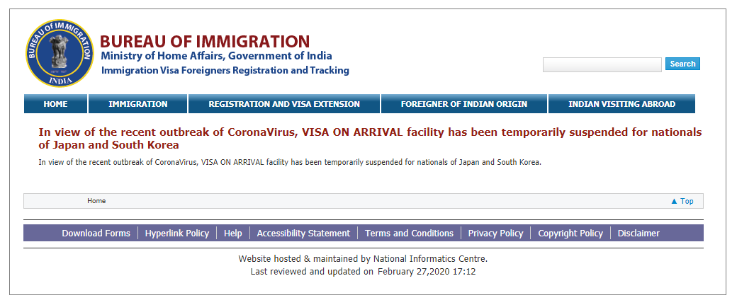 インド移民局が2020/2/27に発表したトラベルアドバイザリー
