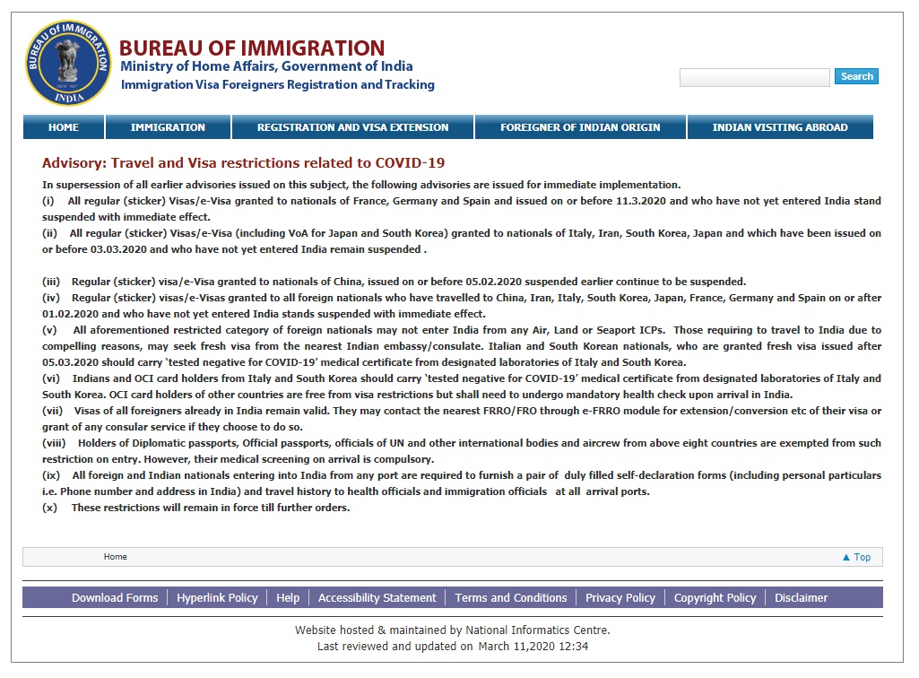 インド移民局が2020/3/11に発表したトラベルアドバイザリー