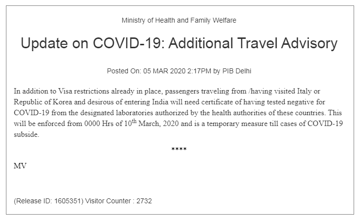 インド保健局が2020/3/5に発表した追加トラベルアドバイザリー