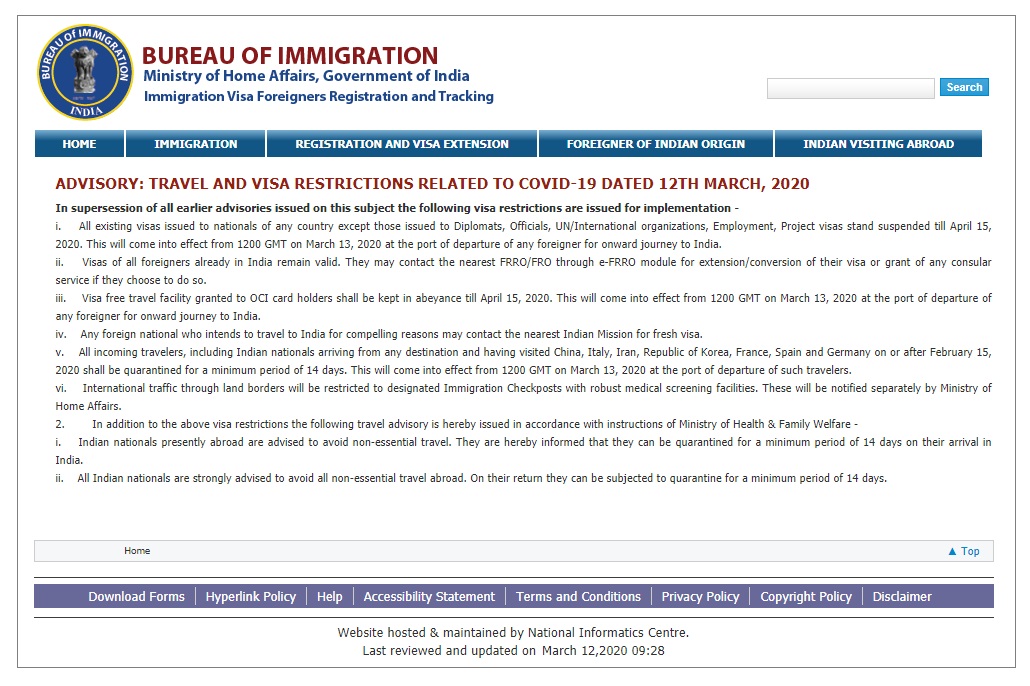 インド移民局が2020/3/12に発表したトラベルアドバイザリー