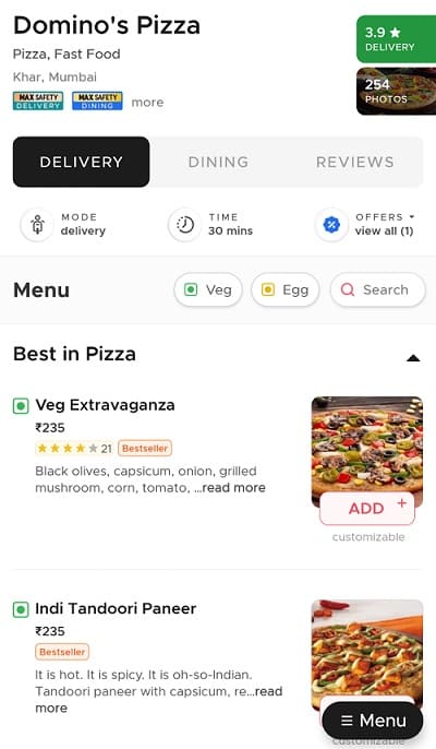 Zomatoのデリバリー注文画面